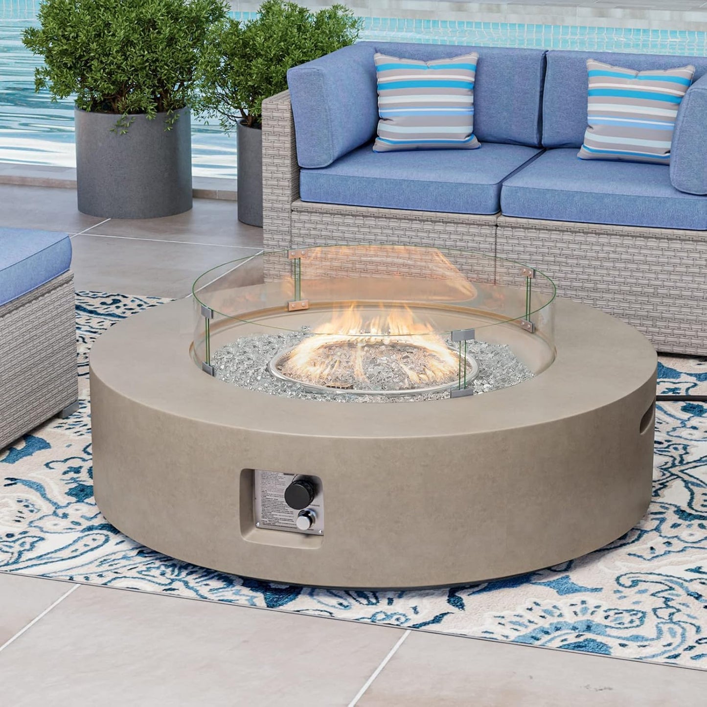 Outdoor Propane Fire Pit Coffee Table W Gray 42 Inch round Base Patio Heater, CSA Certified, 50,000 BTU Stainless Steel Burner, Wind Guard, Transparent Gray Fire Glass, Rain Cover