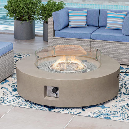 Outdoor Propane Fire Pit Coffee Table W Gray 42 Inch round Base Patio Heater, CSA Certified, 50,000 BTU Stainless Steel Burner, Wind Guard, Transparent Gray Fire Glass, Rain Cover