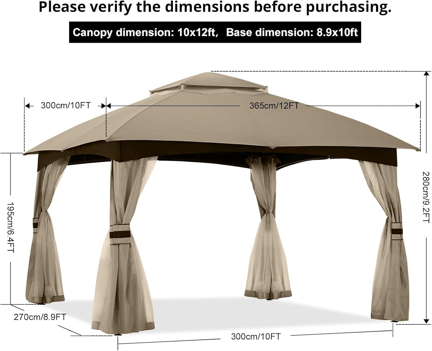 10X12 Outdoor Gazebo - Patio Gazebo with Mosquito Netting, Outdoor Canopies for Shade and Rain for Lawn, Garden, Backyard & Deck (Khaki)