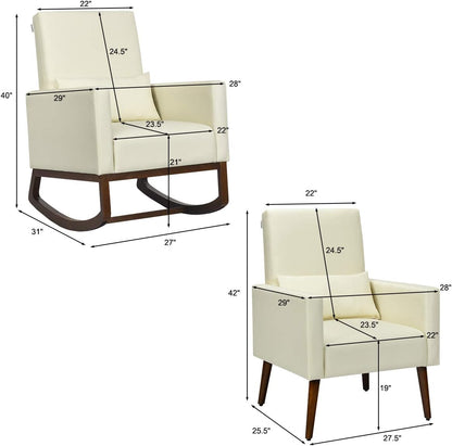 Upholstered Rocking Chair, Modern High Back Armchair, Comfortable Rocker with Fabric Padded Seat, Waist Pillow and Wood Base Accent Chair for Nursery, Living Room, Bedroom, Office, Beige