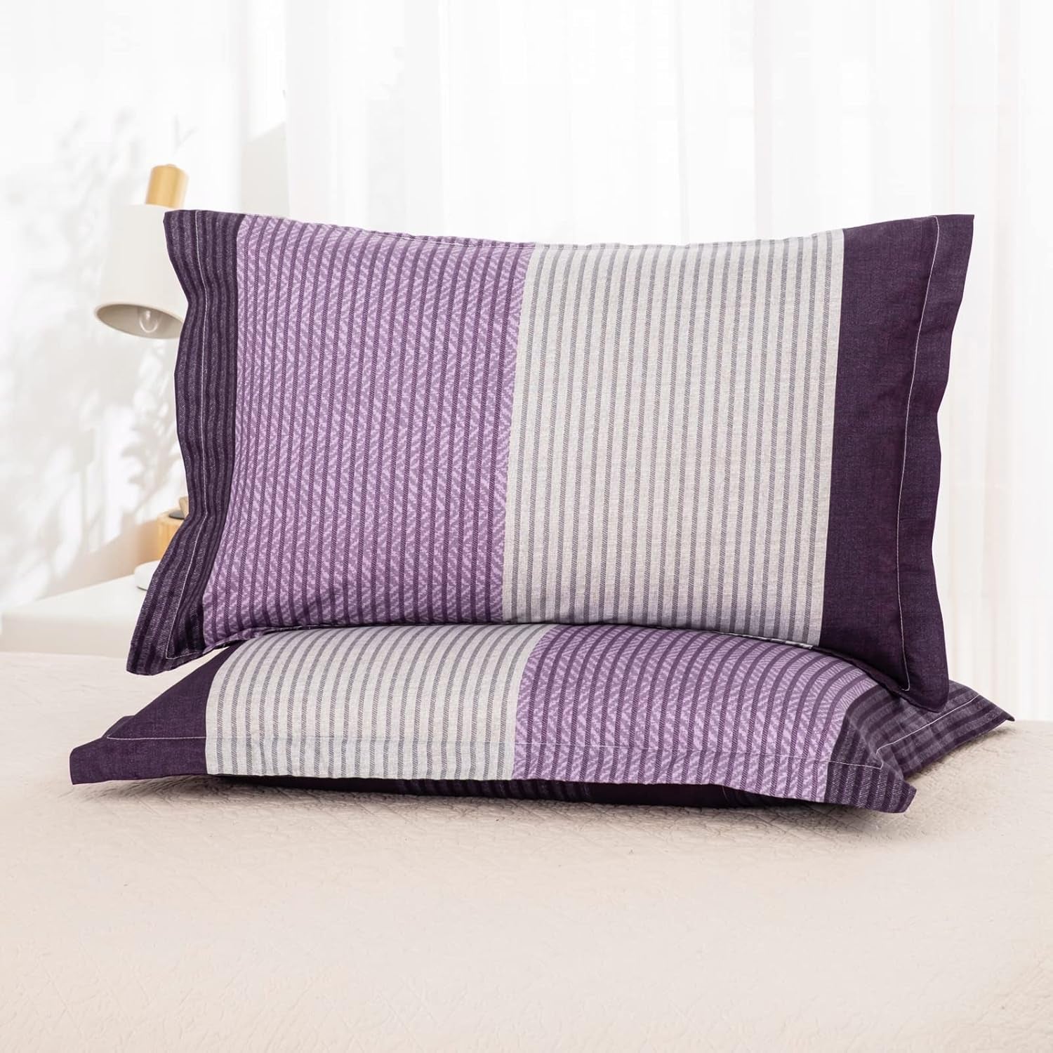 Purple Comforter Sets King, Reversible Striped Patchwork down Alternative Comforter for King Bed,3 Pieces (1Comforter+2 Pillowcase), Soft Microfiber Bedding Duvet Insert Set 104”×90”