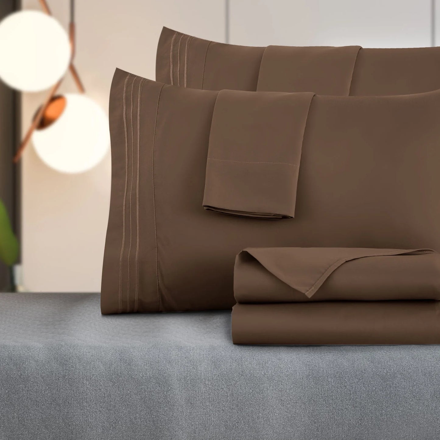 Lux Decor Collection Full Bed Sheets, Premimum 1800 Microfiber Deep Pocket Fitted Sheet, Flat Sheet & Pillowcases Bedding Set - Brown