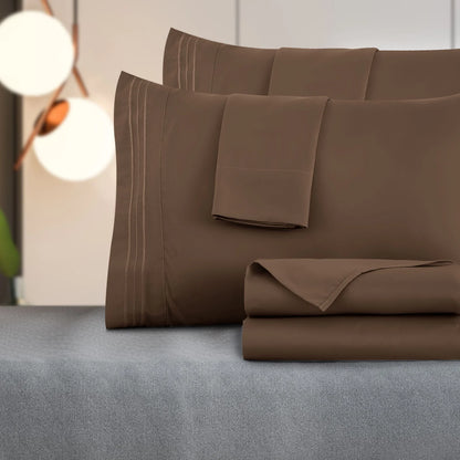 Lux Decor Collection Full Bed Sheets, Premimum 1800 Microfiber Deep Pocket Fitted Sheet, Flat Sheet & Pillowcases Bedding Set - Brown