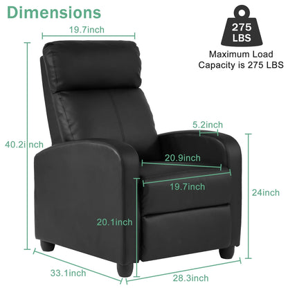 Recliner Chair for Living Room Home Theater Seating Single Reclining Sofa Lounge with Padded Seat Backrest (Black)