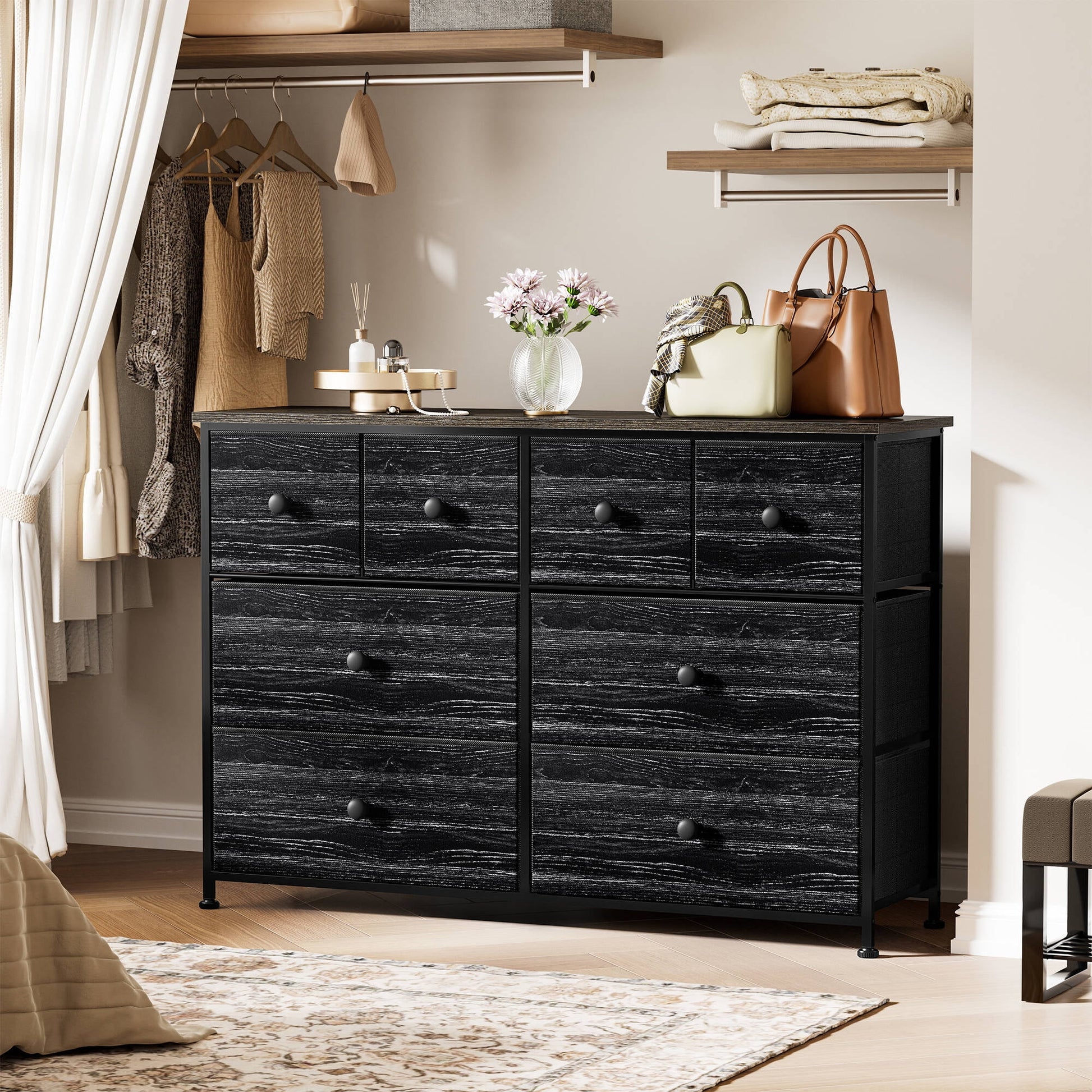 8 Drawer Dresser for Bedroom Chest of Drawers Fabric Storage Bin Black