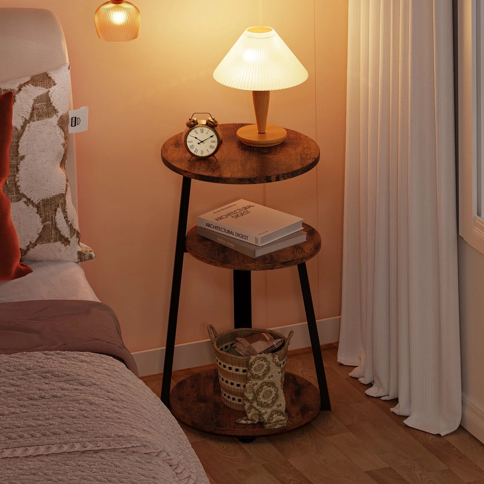 End Side Table, round Sofa Table with Metal Frame, 3-Tier Coffee Table Nightstand for Home, Black&Brown