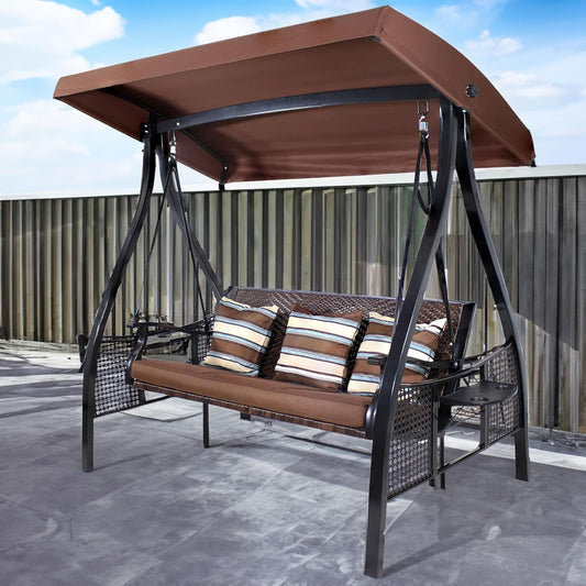 3-Seat Patio Swing with Steel Frame and Canopy - 600-Pound Weight Capacity - Brown Stripe Cushions