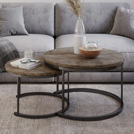2-Piece round Coffee Table Set - Nesting Tables for Living Room, Side Tables to Use Together or Separately,Gray-Brown