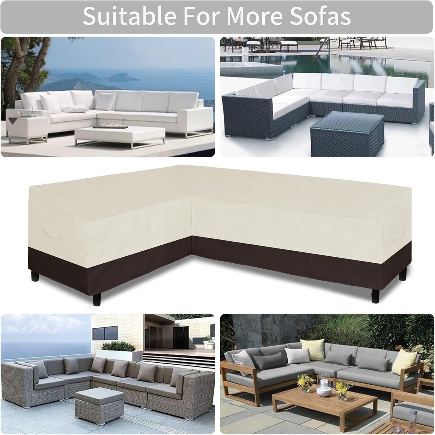 Patio L-Shaped Sectional Sofa Cover, Waterproof Outdoor Sectional Cover, Heavy Duty Garden Furniture Cover with Air Vent (Left Facing, Beige/Dark Brown)