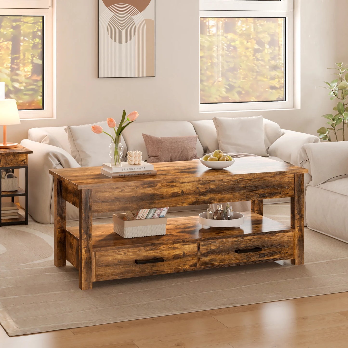 GUNAITO Lift Top Coffee Table with 2 Drawers,Wooden Convertible Coffee Table with Storage for Living Room,Center Table,Brown,42"