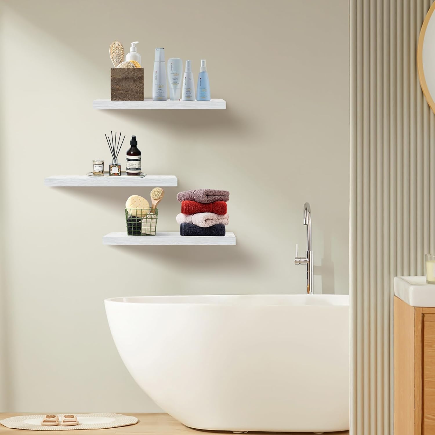 White Floating Shelves - Set of 3, 16" Wall Mounted Shelves for Home Decor, Living Room, Bedroom, Bathroom, Kitchen