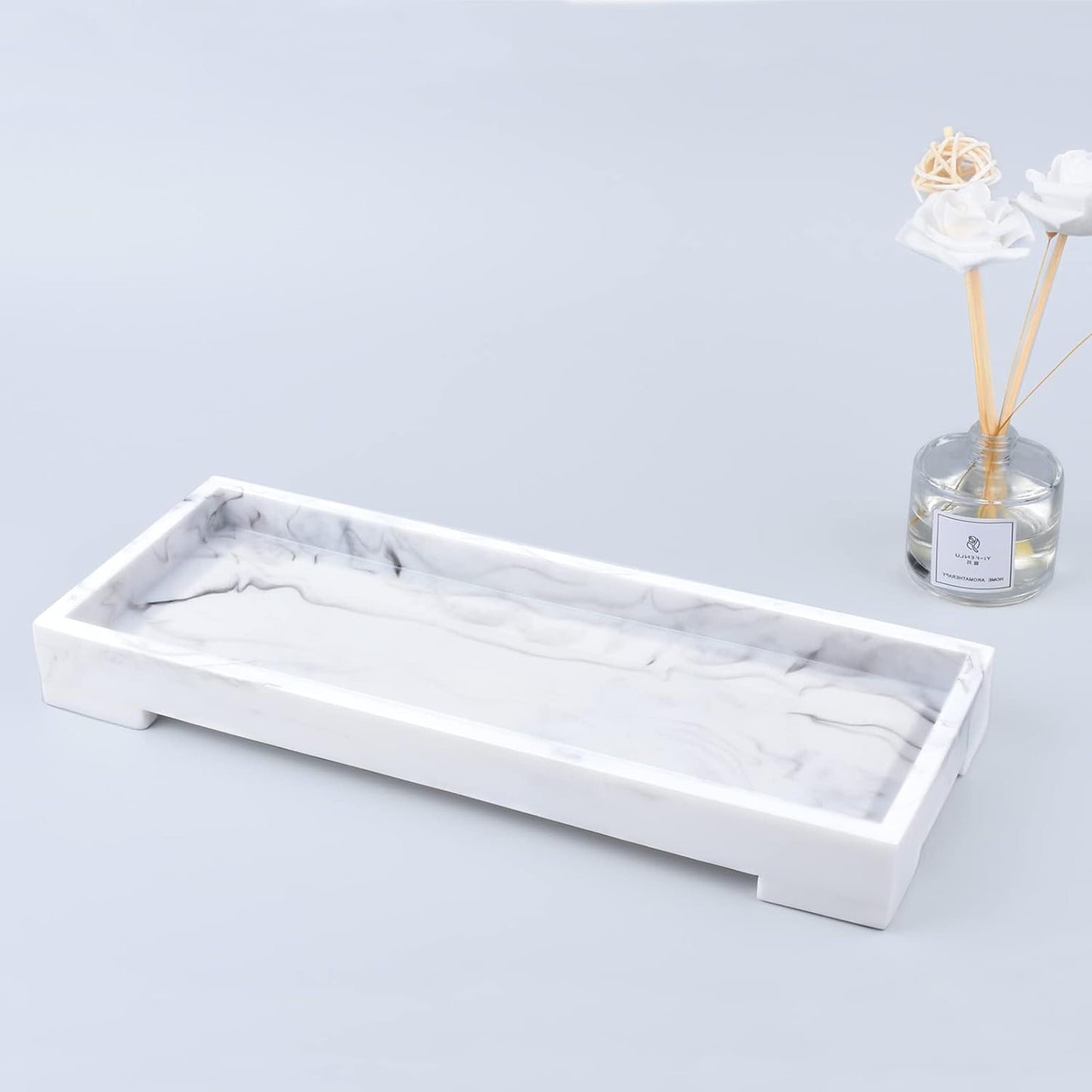 Vanity Toilet Tank Tray, White Elegant Marble Pattern Bathtub Organizer, Bathroom Collector for Small Things, Make-Up Desk, Resin Dresser Jewelry Tray - Medium Size