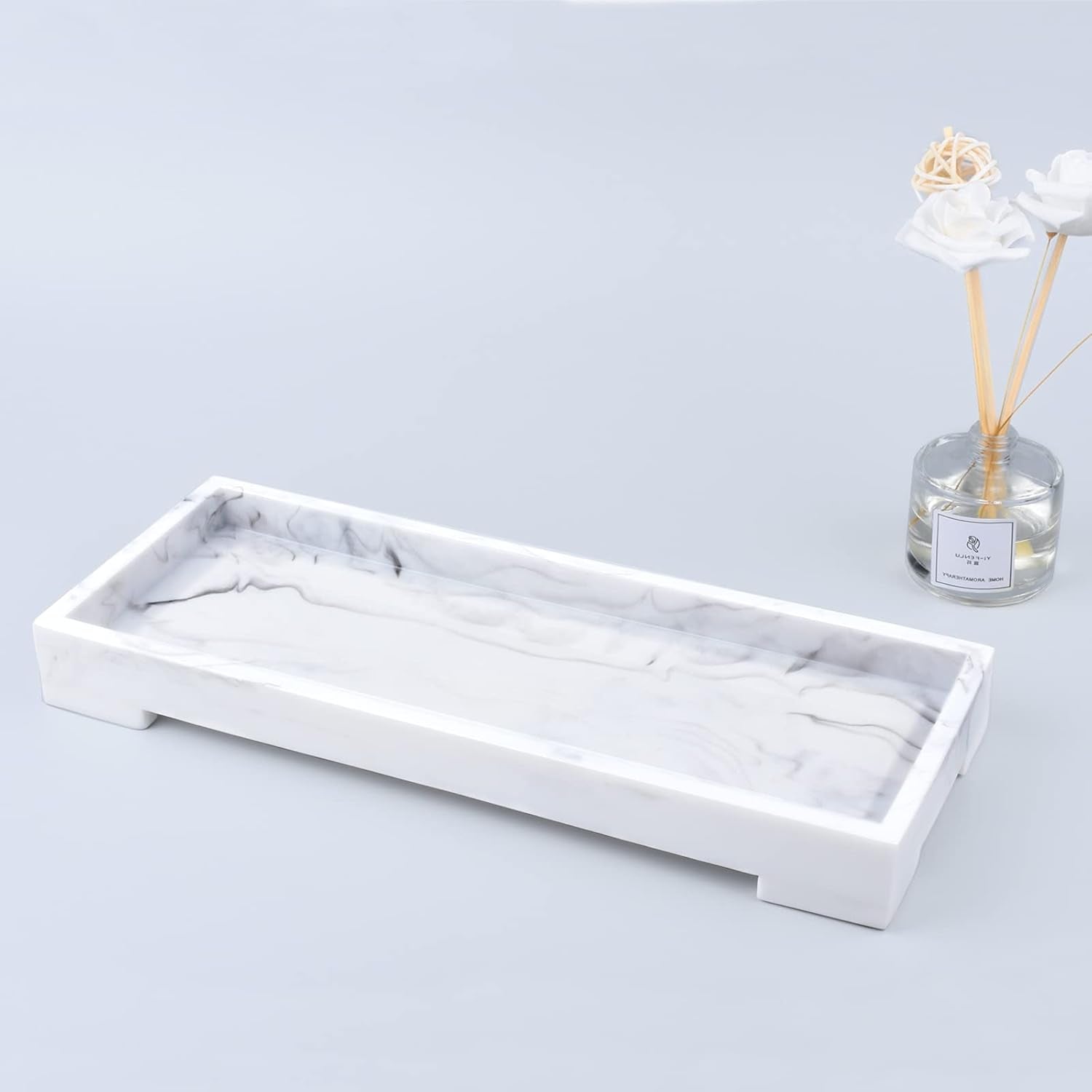 Vanity Toilet Tank Tray, White Elegant Marble Pattern Bathtub Organizer, Bathroom Collector for Small Things, Make-Up Desk, Resin Dresser Jewelry Tray - Medium Size