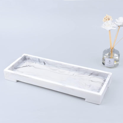 Vanity Toilet Tank Tray, White Elegant Marble Pattern Bathtub Organizer, Bathroom Collector for Small Things, Make-Up Desk, Resin Dresser Jewelry Tray - Medium Size