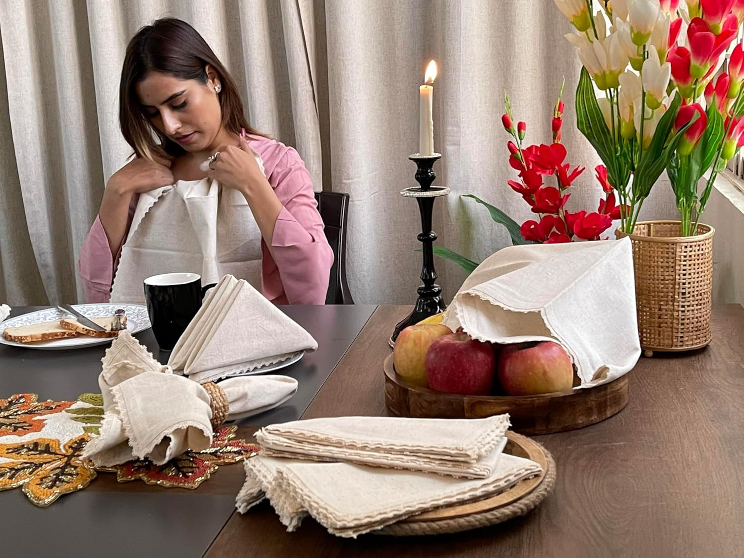 Cloth Dinner Napkins Linen Flax Cotton 18X18 Inch with Lace Set of 12, Natural Mitered Corners Perfect for Wedding Mashine Washable Reusable Napkins Dinner, Parties and Table Decorations