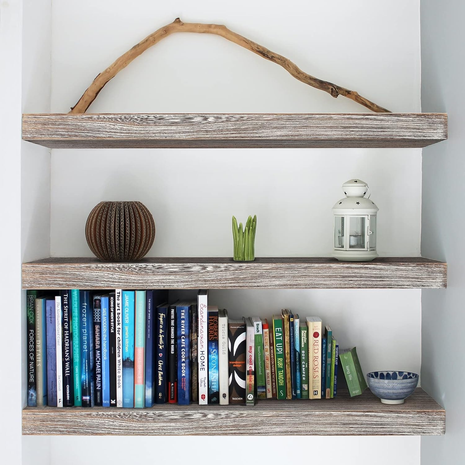 Wood Floating Shelves Wall Mounted 17 Inch, 3 Tier Rustic Wooden Wall Shelves for Bathroom Living Room Bedroom Laundry Kitchen Storage Farmhouse Decor, Set of 3