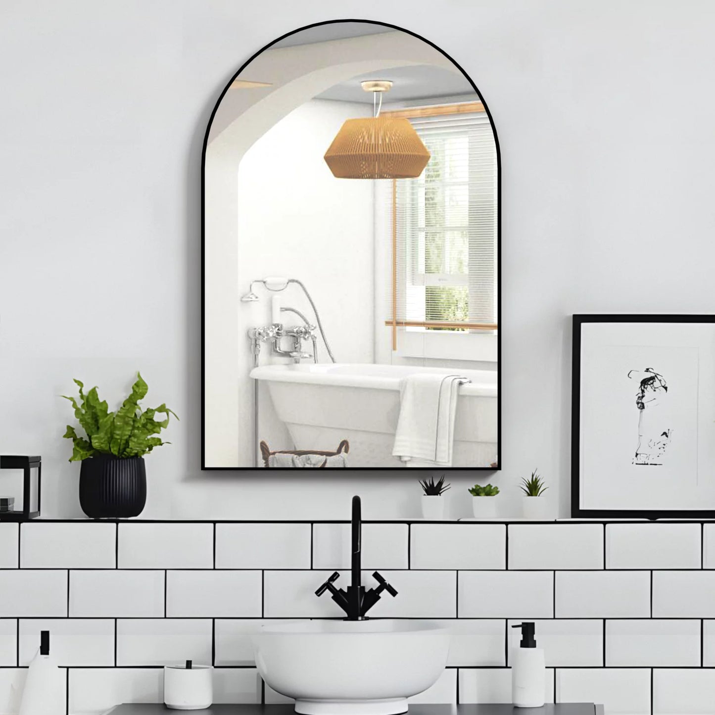 Wall Mounted Mirror, 20"X30" Arch Bathroom Mirror Has Metal Frame, 2 Pieces Black Decor for Mantle, Entryway
