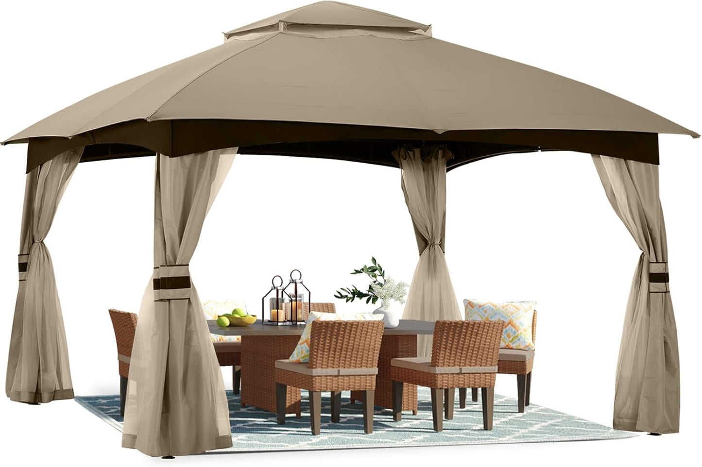 10X12 Outdoor Gazebo - Patio Gazebo with Mosquito Netting, Outdoor Canopies for Shade and Rain for Lawn, Garden, Backyard & Deck (Khaki)