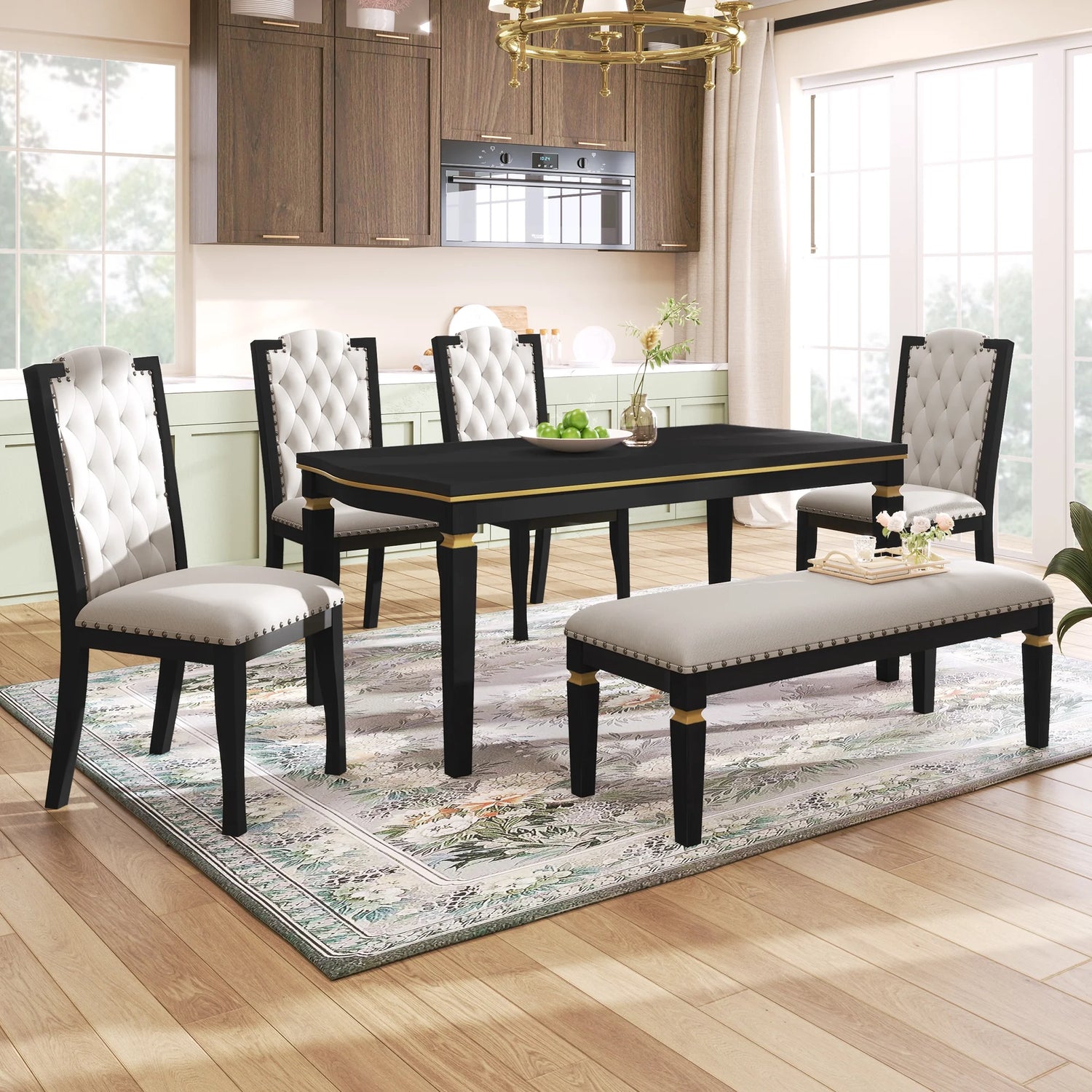 6-Piece Kitchen Dining Table Set for 6,Modern Dining Table Set with 60"L Rectangular Table,4 Upholstered Chairs & Bench for Dining Room and Kitchen,Black