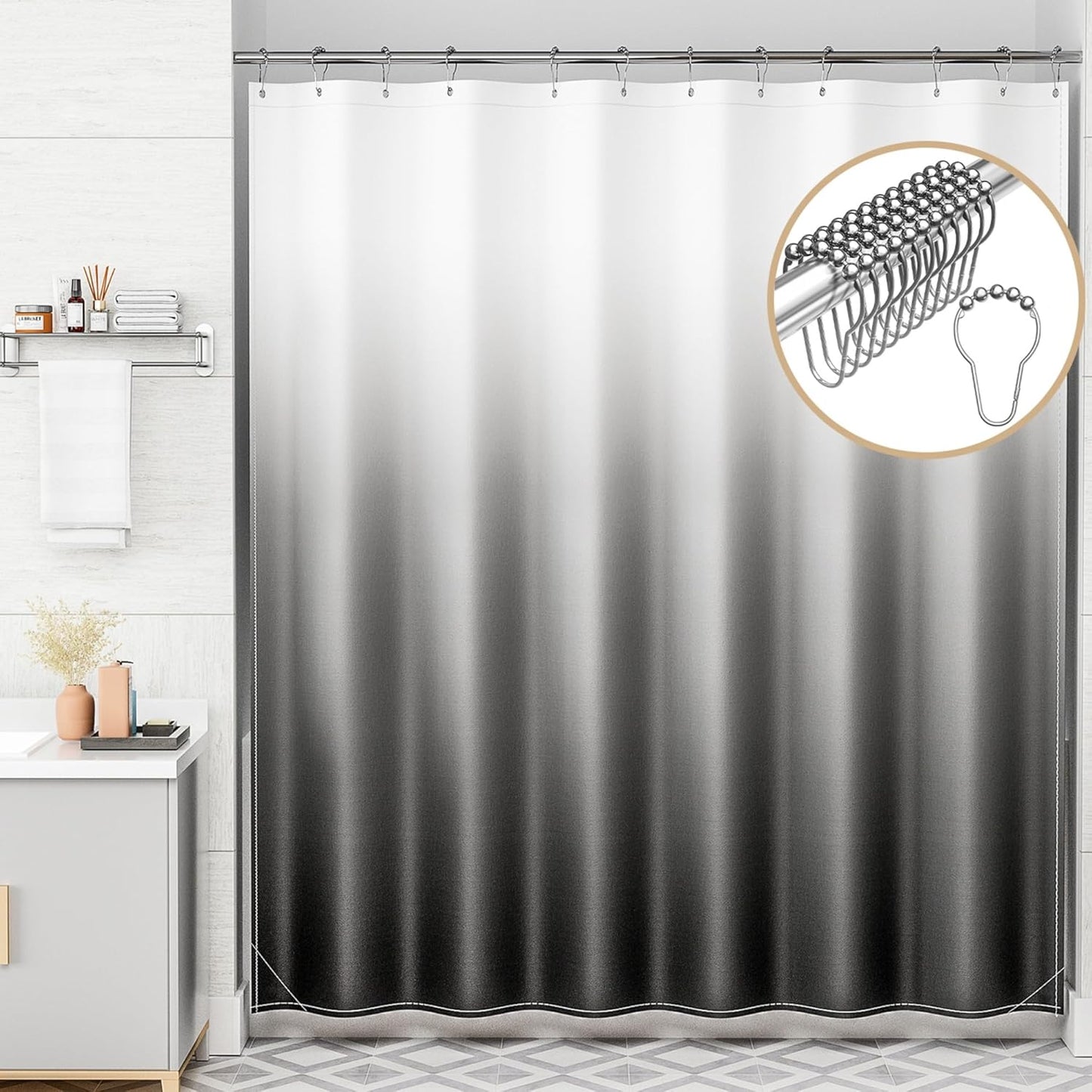 Shower Curtain, Cloth Ombre Black Shower Curtain Set with 12 Hooks, Washable Fabric Black and White Shower Curtain, Rustic Farmhouse Bathroom Shower Curtain, 72X72 Inches