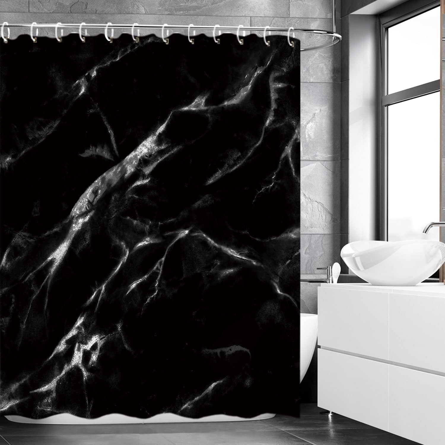 Black Marble Shower Curtain Set with 12 Hooks, Bathroom Decor, 72Wx72H