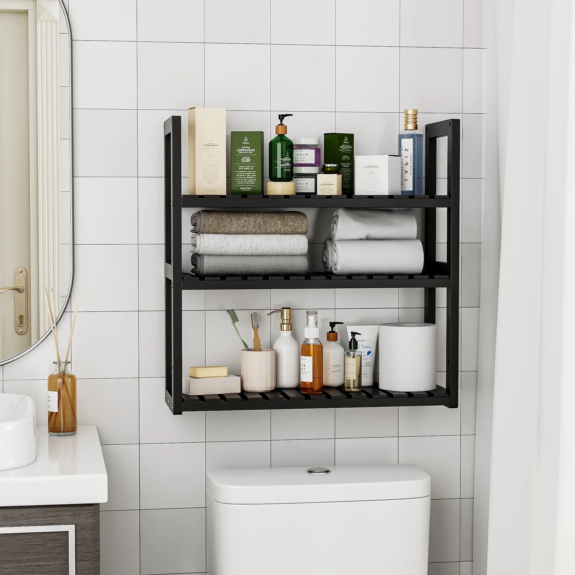 over the Toilet Storage Rack, 3 Tier Bathroom Organizer Shelf over Toilet, Freestanding Space Saver Toilet Stands Floating Shelves Wall Shelf Rustic Bamboo Shelves for Storage （Black）