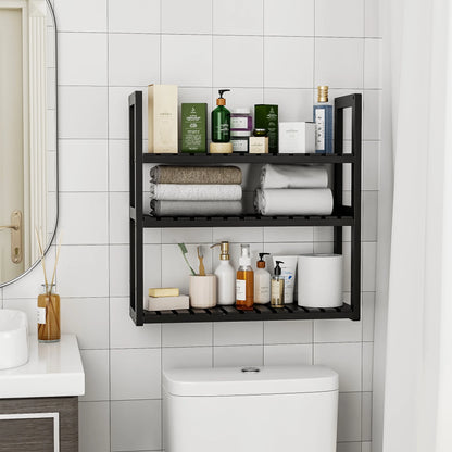 over the Toilet Storage Rack, 3 Tier Bathroom Organizer Shelf over Toilet, Freestanding Space Saver Toilet Stands Floating Shelves Wall Shelf Rustic Bamboo Shelves for Storage （Black）