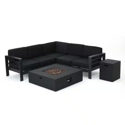 Gray 5-Piece Aluminum Outdoor Patio Fire Pit Conversation Set with Dark Gray Cushions
