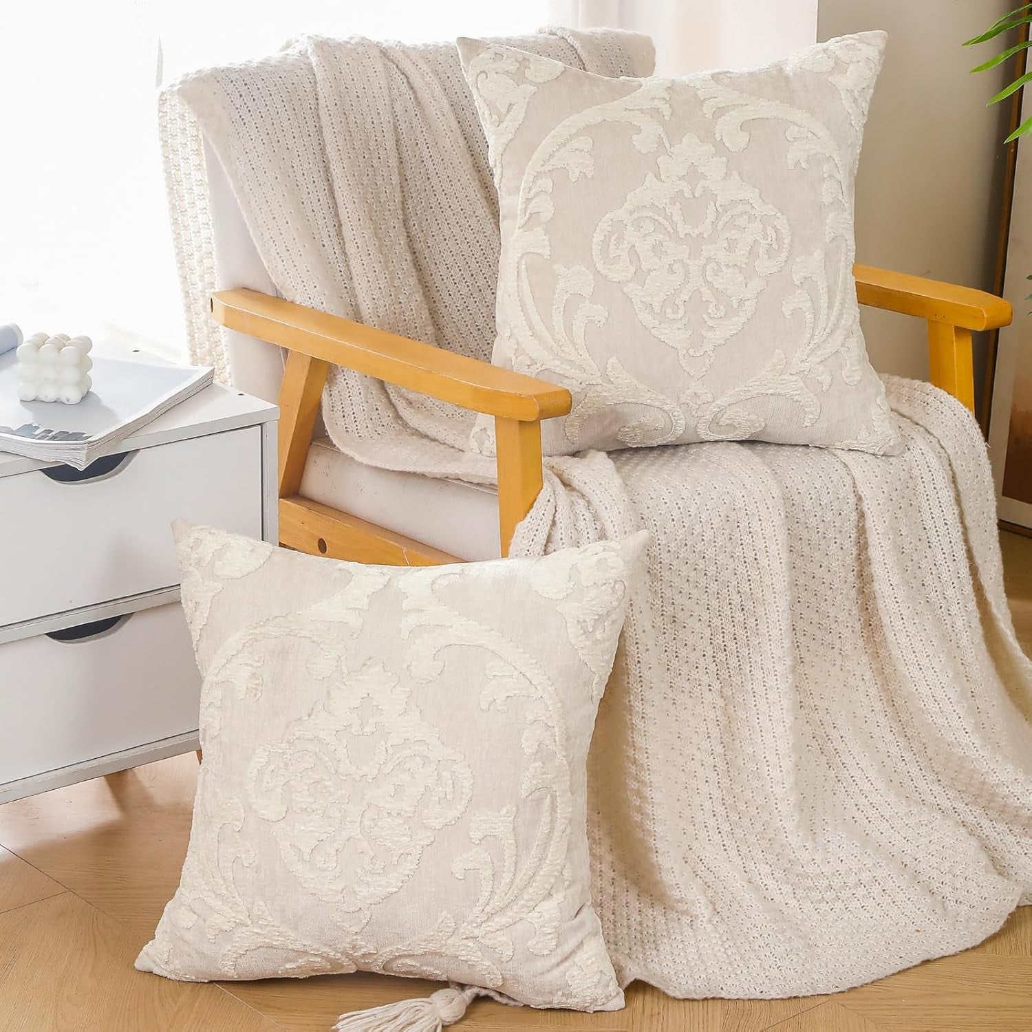 Embroidered Boho Throw Pillow Covers 18X18 Inch, Set of 2 Emroidery Accent Couch Pillows for Living Room, Bedroom, Sofa, Chair, Beige