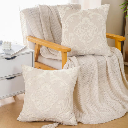 Embroidered Boho Throw Pillow Covers 18X18 Inch, Set of 2 Emroidery Accent Couch Pillows for Living Room, Bedroom, Sofa, Chair, Beige