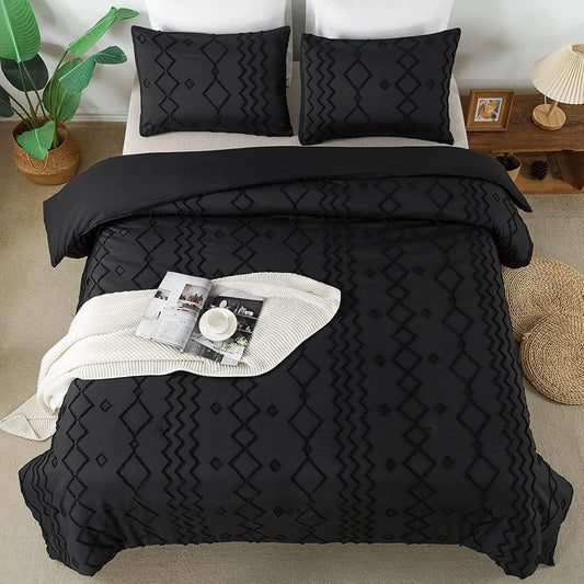 Black Tufted Comforter Set Queen(90X90Inch), 3 Pieces(1 Tufts Comforter, 2 Pillowcases) Boho Textured Farmhouse Bed Set, Microfiber down Alternative Geometric Bedding