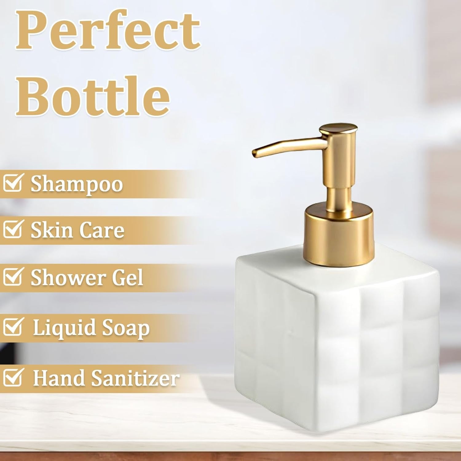 Hand Soap Dispenser Dish Cube Soap Dispenser Countertop 7.44 FL OZ. /220 ML Hand Lotion Pump Bottle Ceramic Lotion Container Liquid Hand Soap Jar Shower Dispenser Kitchen Bathroom Décor (White)