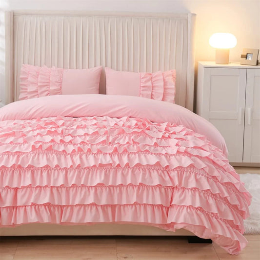 Ruffled Twin Comforter Set Casual Textured Chic Princess Bedding Set Pink