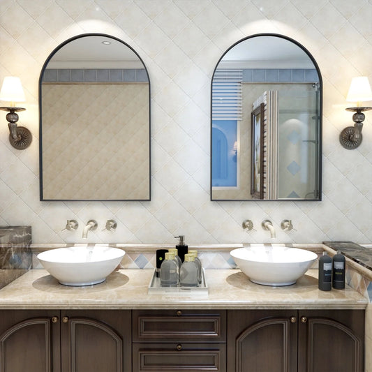 Wall Mounted Mirror, 20"X30" Arch Bathroom Mirror Has Metal Frame, 2 Pieces Black Decor for Mantle, Entryway