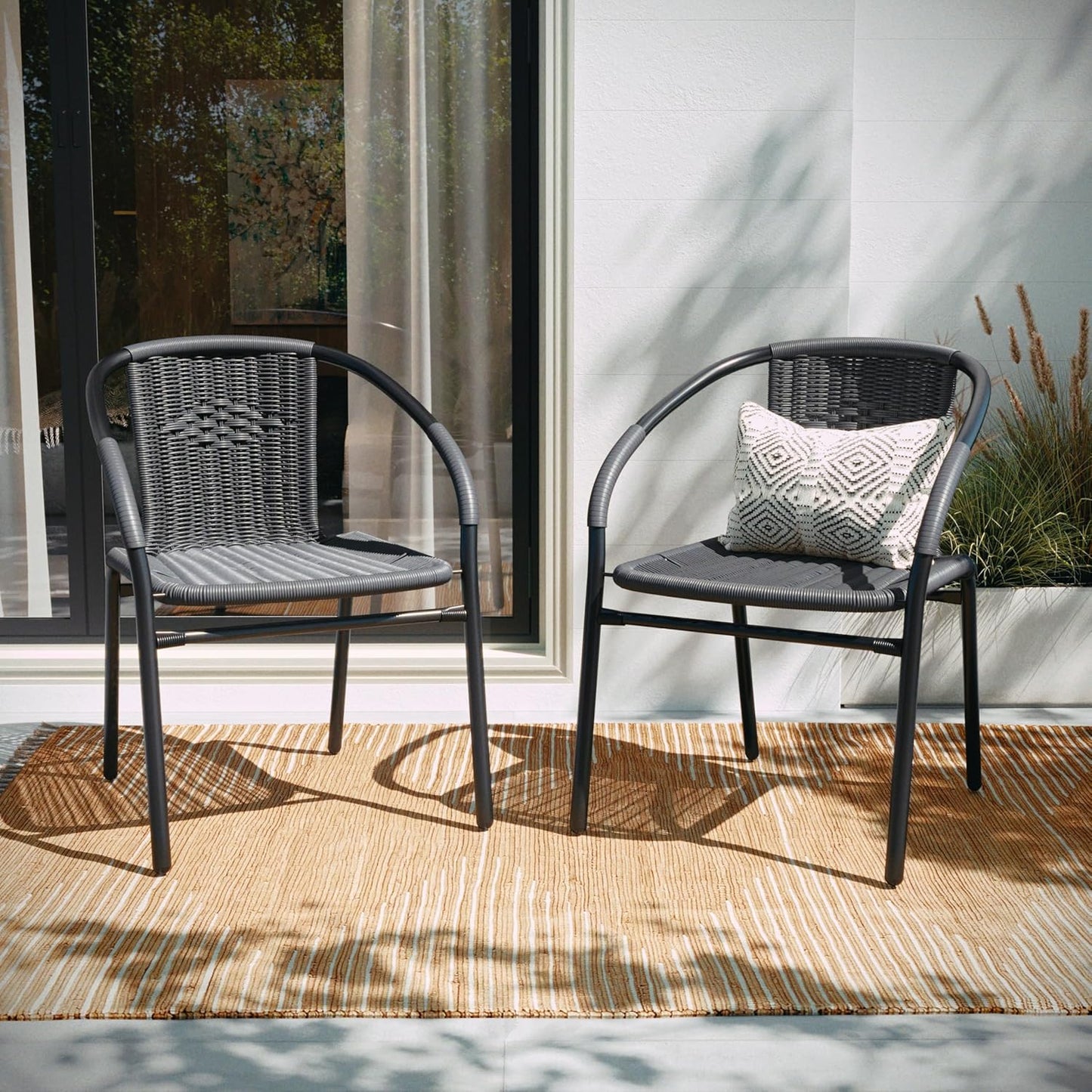 Set of 2 Modern Rattan Indoor/Outdoor Stack Chairs, Stacking Rattan Patio Chairs with Curved Back and Cross Bracing, Gray