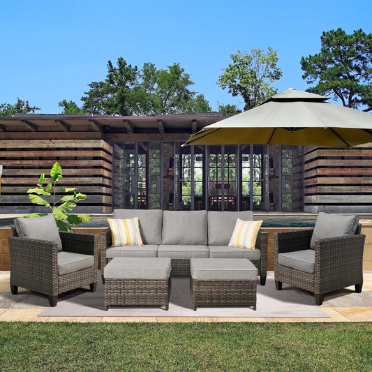 5 Pieces Outdoor Patio Furniture All-Weather Wicker Conversation Set outside Rattan Sectional Sofa with Cushions for Balcony