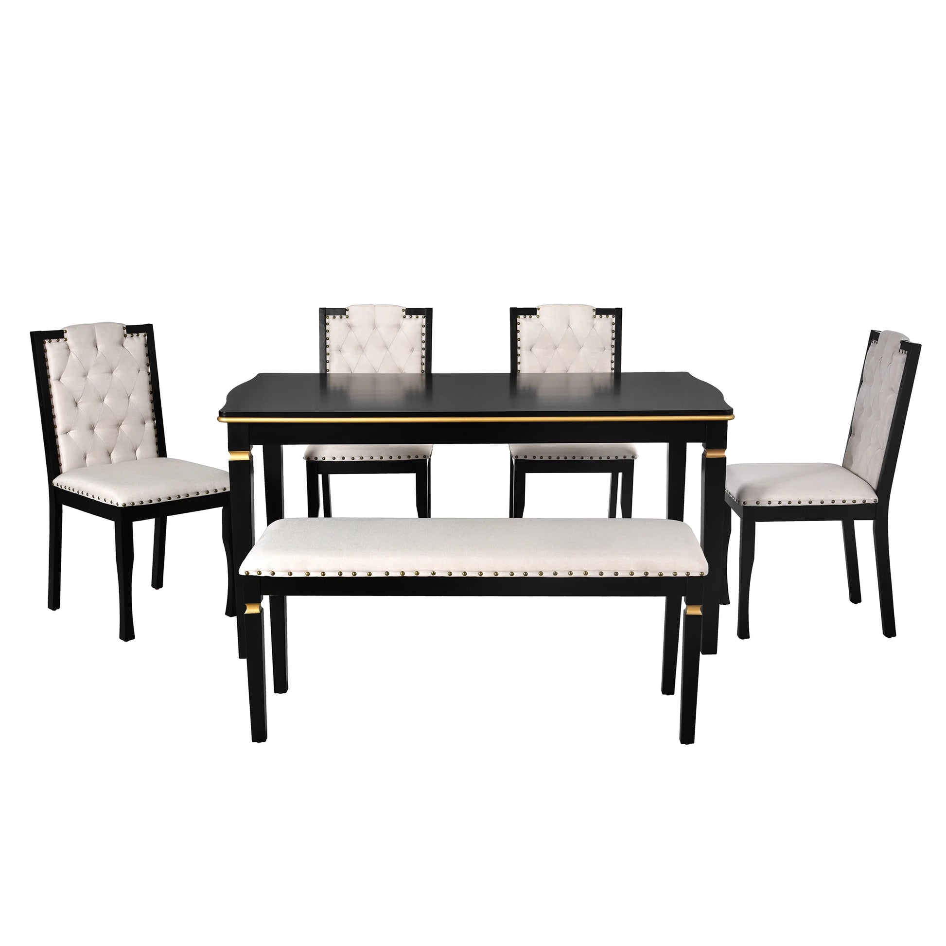 6-Piece Kitchen Dining Table Set for 6,Modern Dining Table Set with 60"L Rectangular Table,4 Upholstered Chairs & Bench for Dining Room and Kitchen,Black