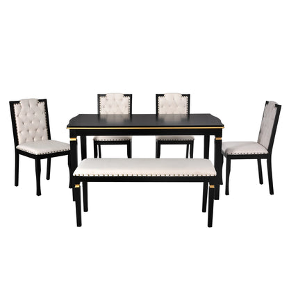 6-Piece Kitchen Dining Table Set for 6,Modern Dining Table Set with 60"L Rectangular Table,4 Upholstered Chairs & Bench for Dining Room and Kitchen,Black