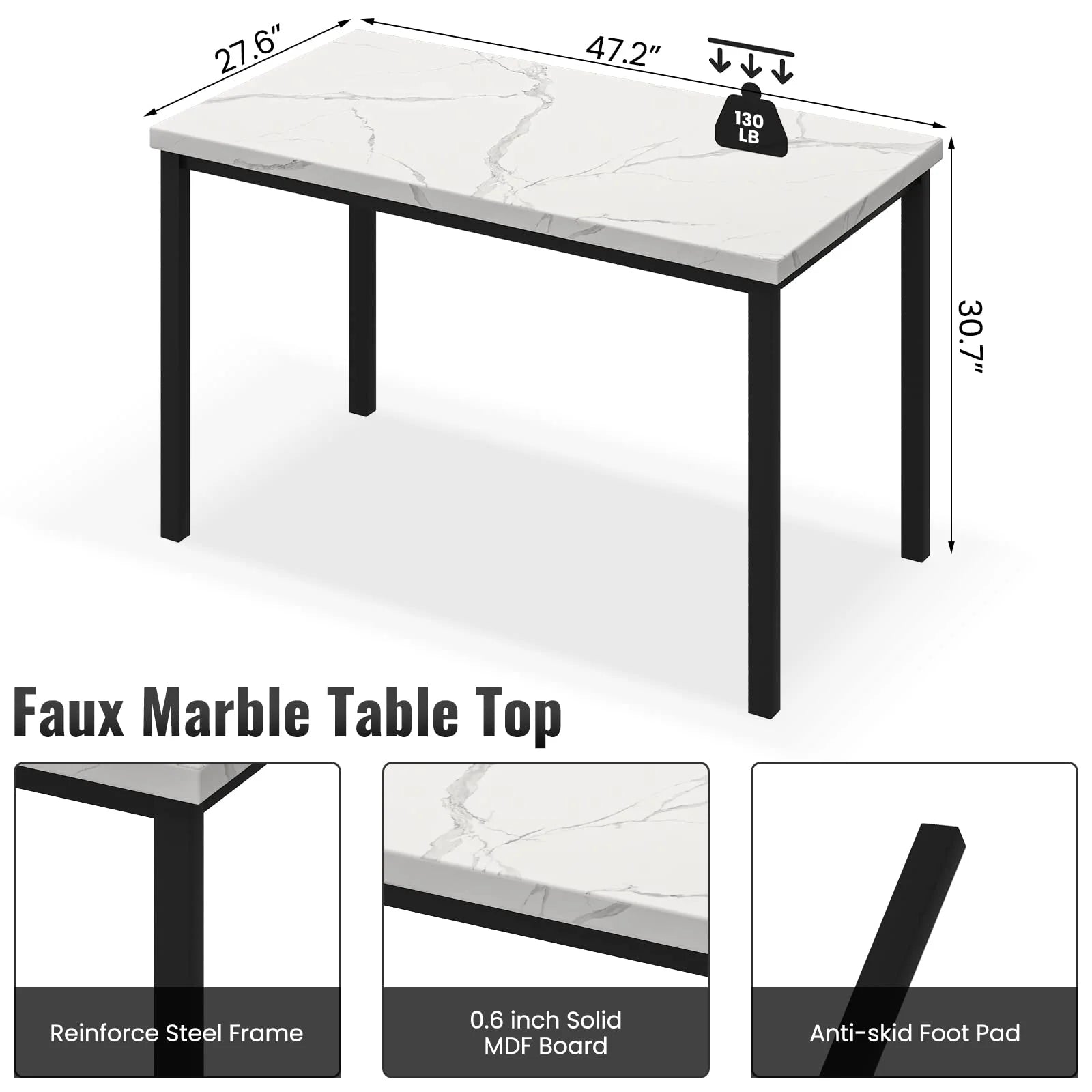 Dining Table Set for 4, 5-Piece Modern Dining Room Table Set with 4 Velvet Chairs, Marble Kitchen Table and Chairs Set, White+Grey