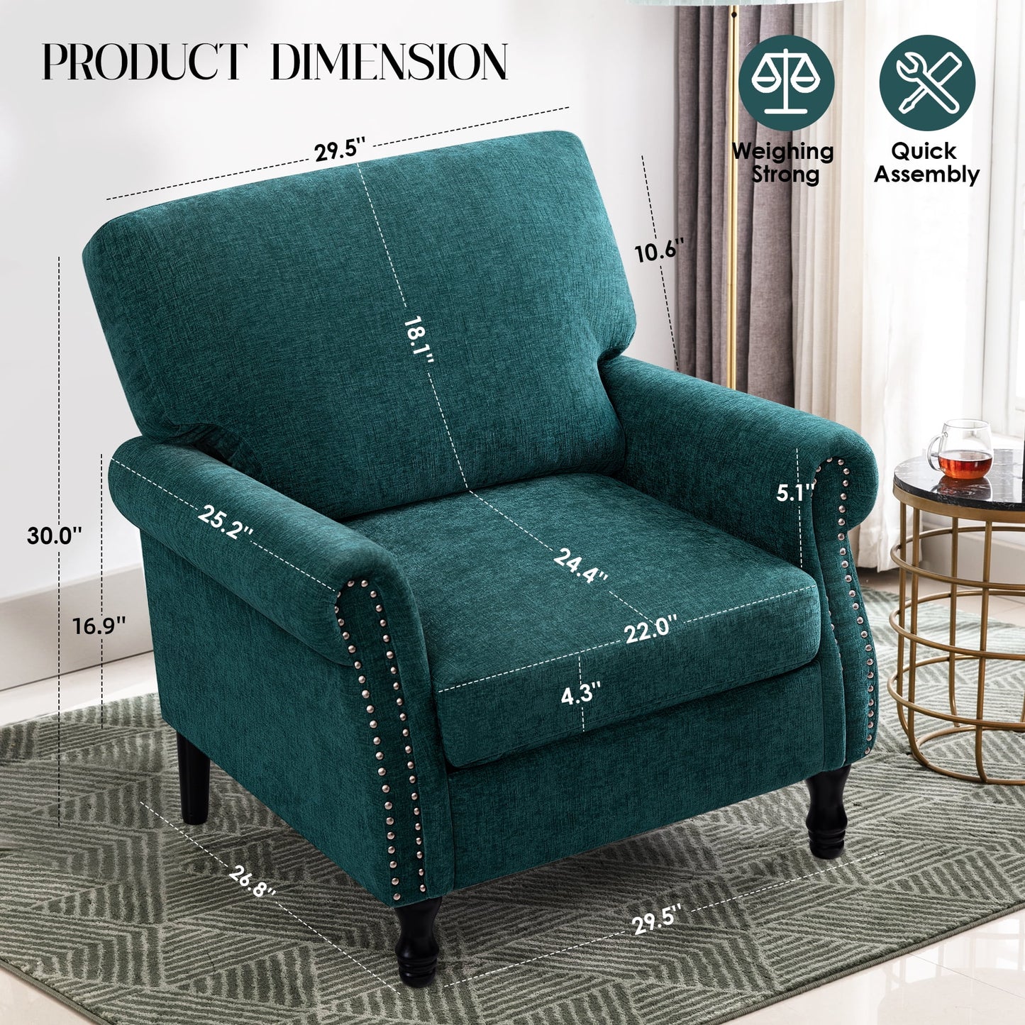 Modern Accent Chair Armchair, Linen Fabric Upholstered Comfy Single Sofa with Solid Wood Frame for Living Room, Green