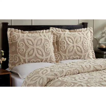 Eden Comforter 2-Piece Floral Design Linen & Ivory Twin 100% Cotton Tufted Chenille Comforter Set