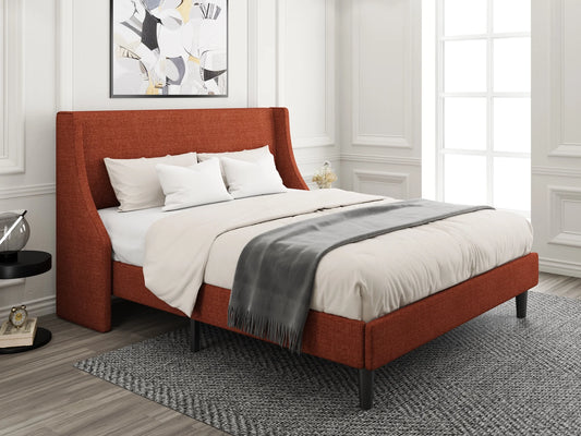 Queen Size Modern Platform Upholstered Bed Frame with Deluxe Wingback,Burnt Orange