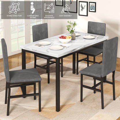 Dining Table Set for 4, 5-Piece Modern Dining Room Table Set with 4 Velvet Chairs, Marble Kitchen Table and Chairs Set, White+Grey