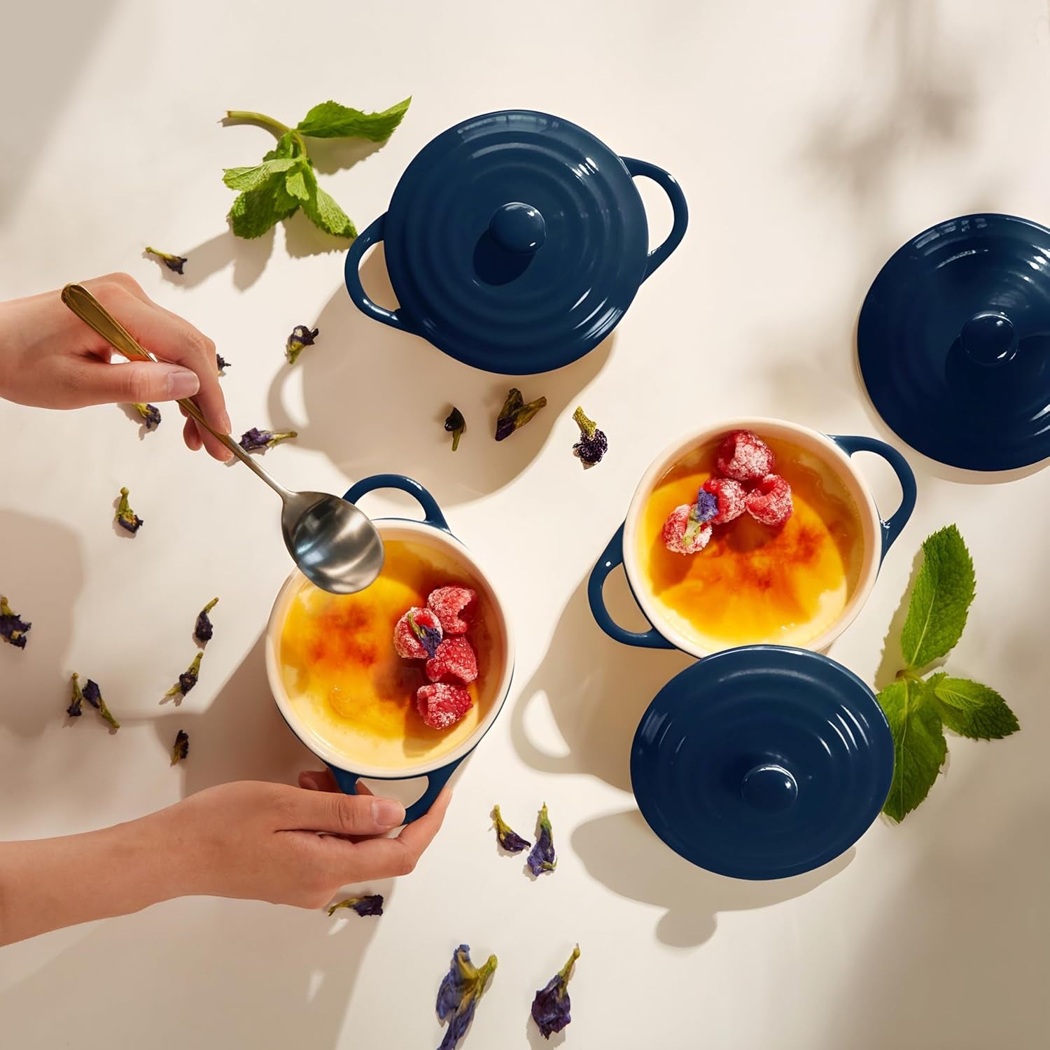 Ceramic Mini Cocotte Set, Small Casserole Dishes with Lids and Handles, Individual Baking Ramekins, Oven, Microwave & Dishwasher Safe, Stoneware, 12 Oz, Set of 4, Navy