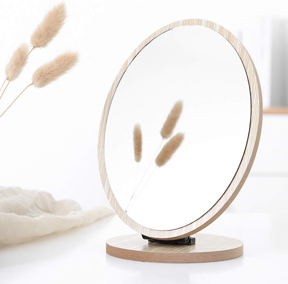 Oval Compact Table Mirror - Wood Framed Desktop Mirror with 90 Degree Rotation for Makeup & Cosmetic