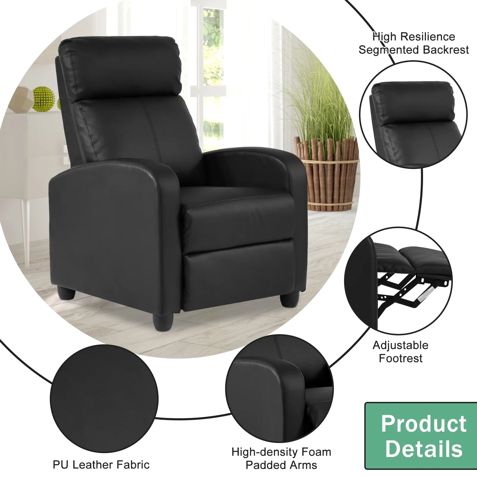 Recliner Chair for Living Room Home Theater Seating Single Reclining Sofa Lounge with Padded Seat Backrest (Black)