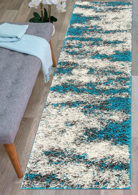 Contemporary Abstract Design Plush Shag Runner Rug 2' X 7' Turquoise