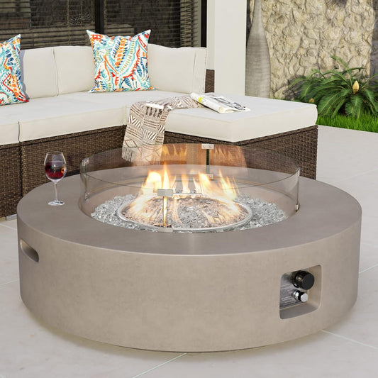 Outdoor Propane Fire Pit Coffee Table W Gray 42 Inch round Base Patio Heater, CSA Certified, 50,000 BTU Stainless Steel Burner, Wind Guard, Transparent Gray Fire Glass, Rain Cover