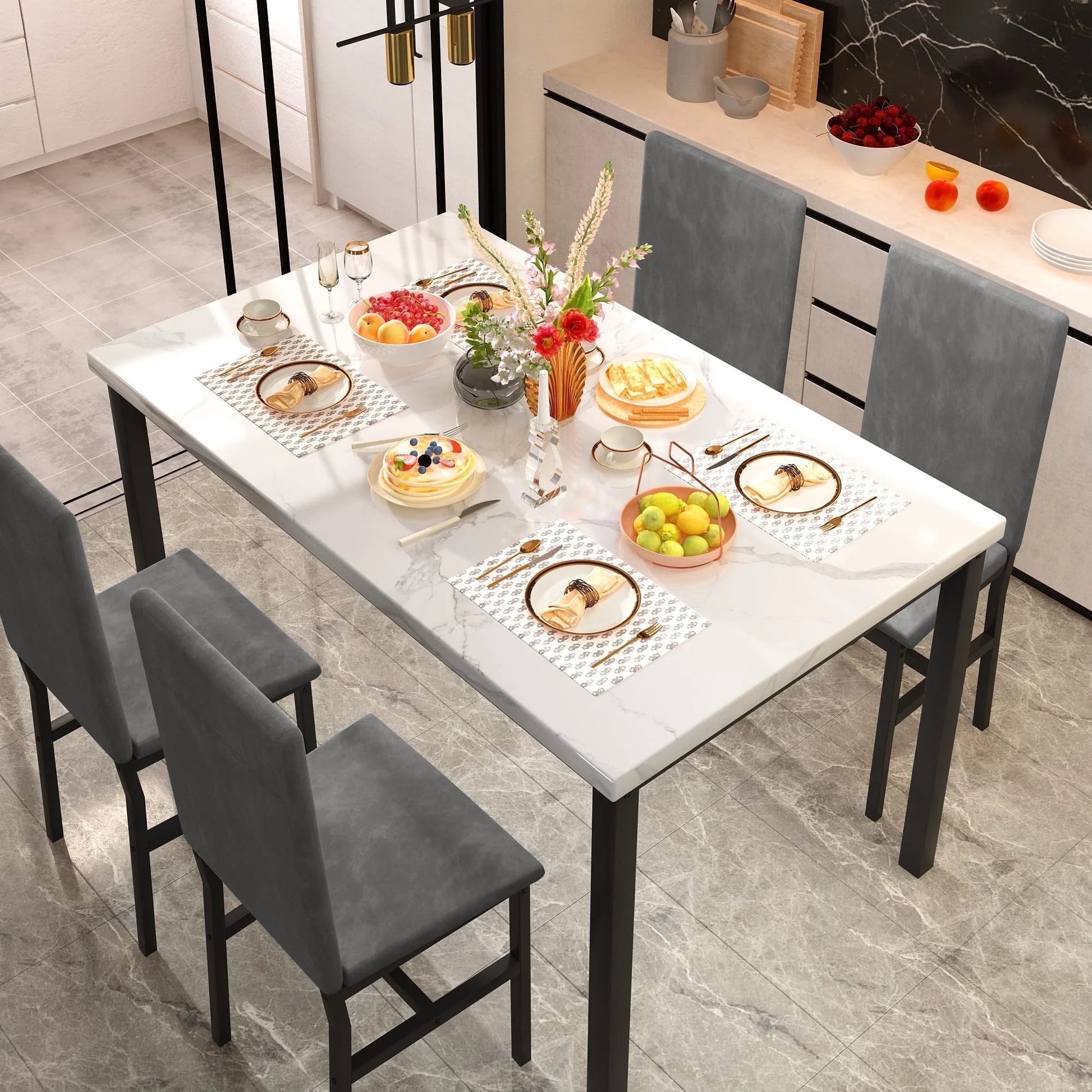 Dining Table Set for 4, 5-Piece Modern Dining Room Table Set with 4 Velvet Chairs, Marble Kitchen Table and Chairs Set, White+Grey