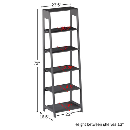 5-Tier Ladder Bookshelf, Leaning Decorative Shelves for Display - Wood Shelf for Living Room, Bathroom, and Kitchen Storage, Gray